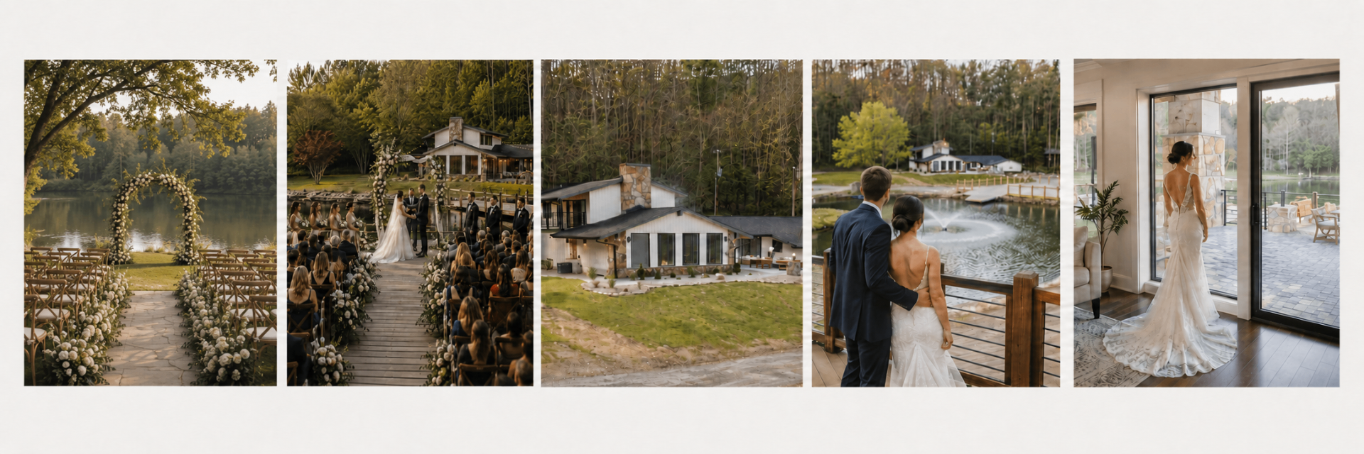 Five real-wedding moments at Evermere Estate: reception hall, ceremony aisle, exterior, couple on the deck, and bride at the entry