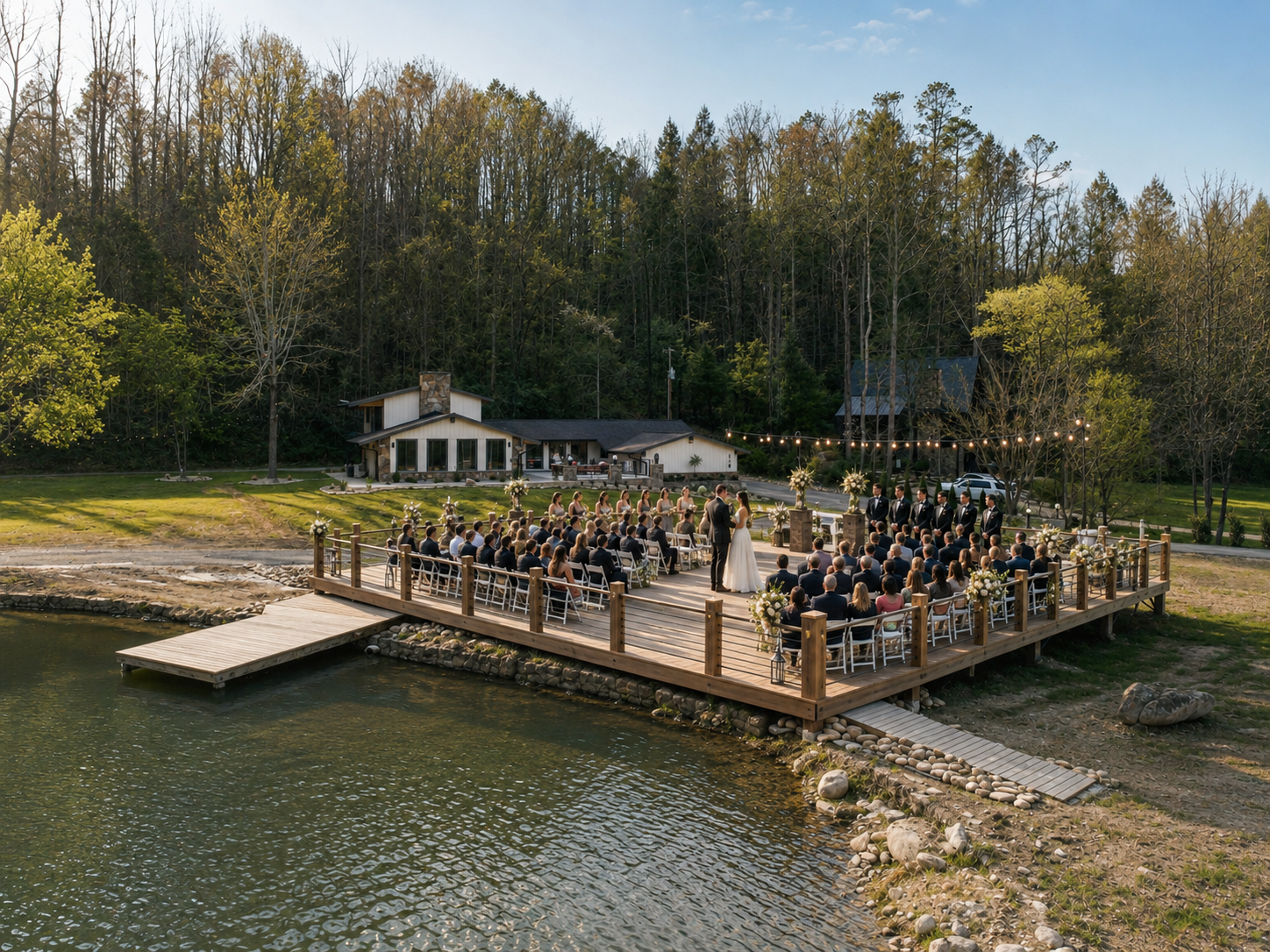Aerial view of a waterfront ceremony at Evermere Estate with Smoky Mountain ridges rising behind