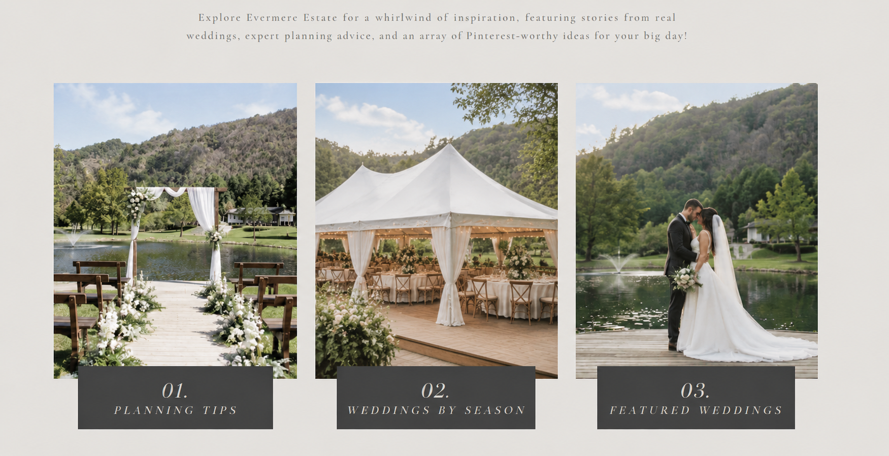 Three editorial panels: Planning Tips, Weddings by Season, and Featured Weddings at Evermere Estate