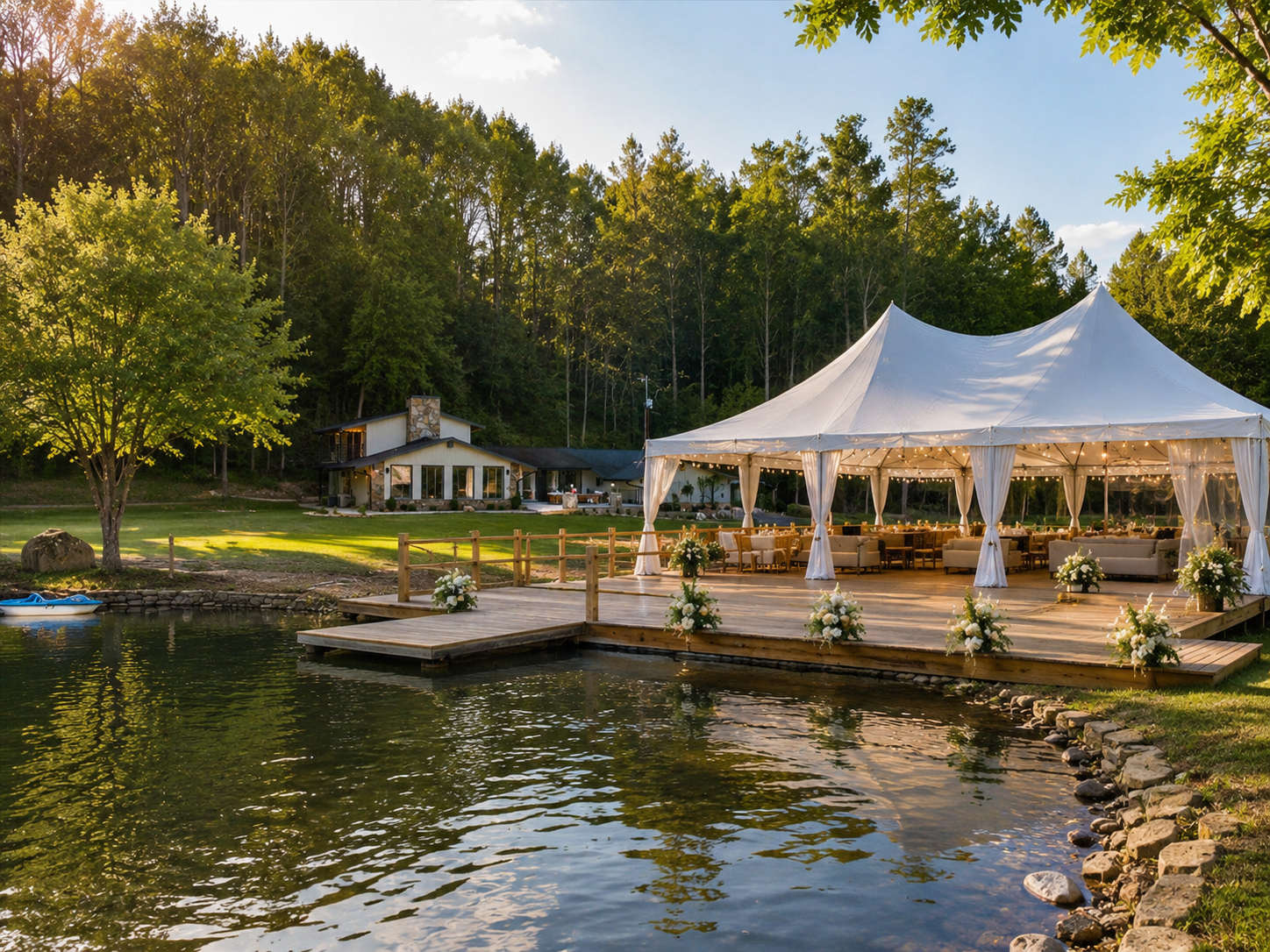 Lakeside wedding tent with waterfront deck