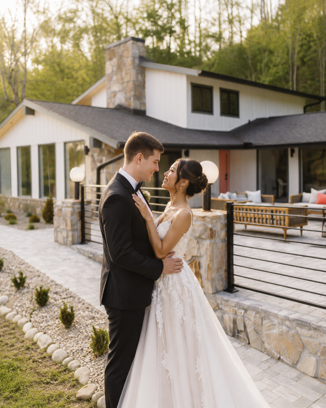 Bride and groom share a first look in front of the Evermere Estate home